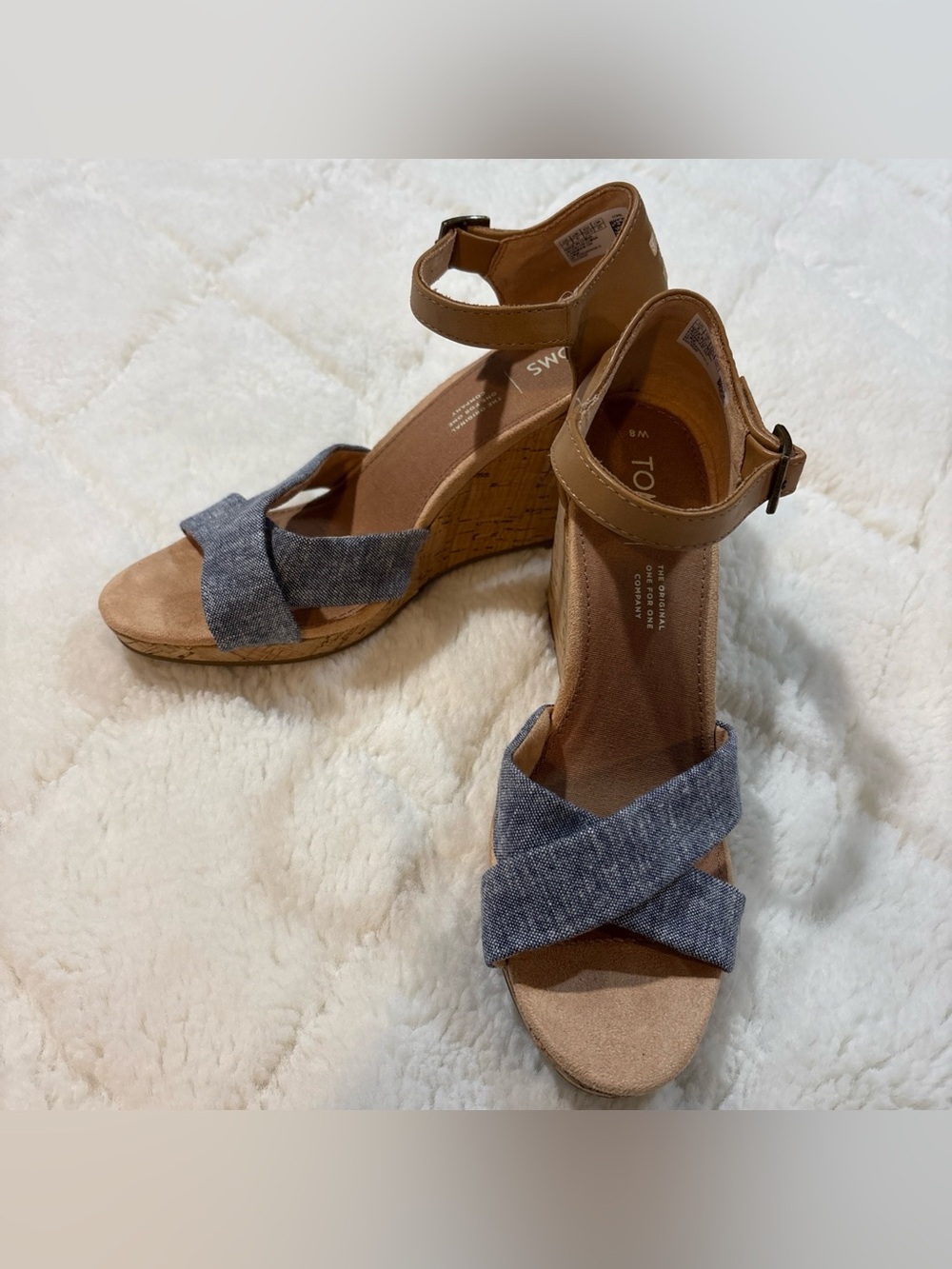 Toms Sandals Clarissa Cork Wedge Shoes Blue Denim Womens Size 8 W